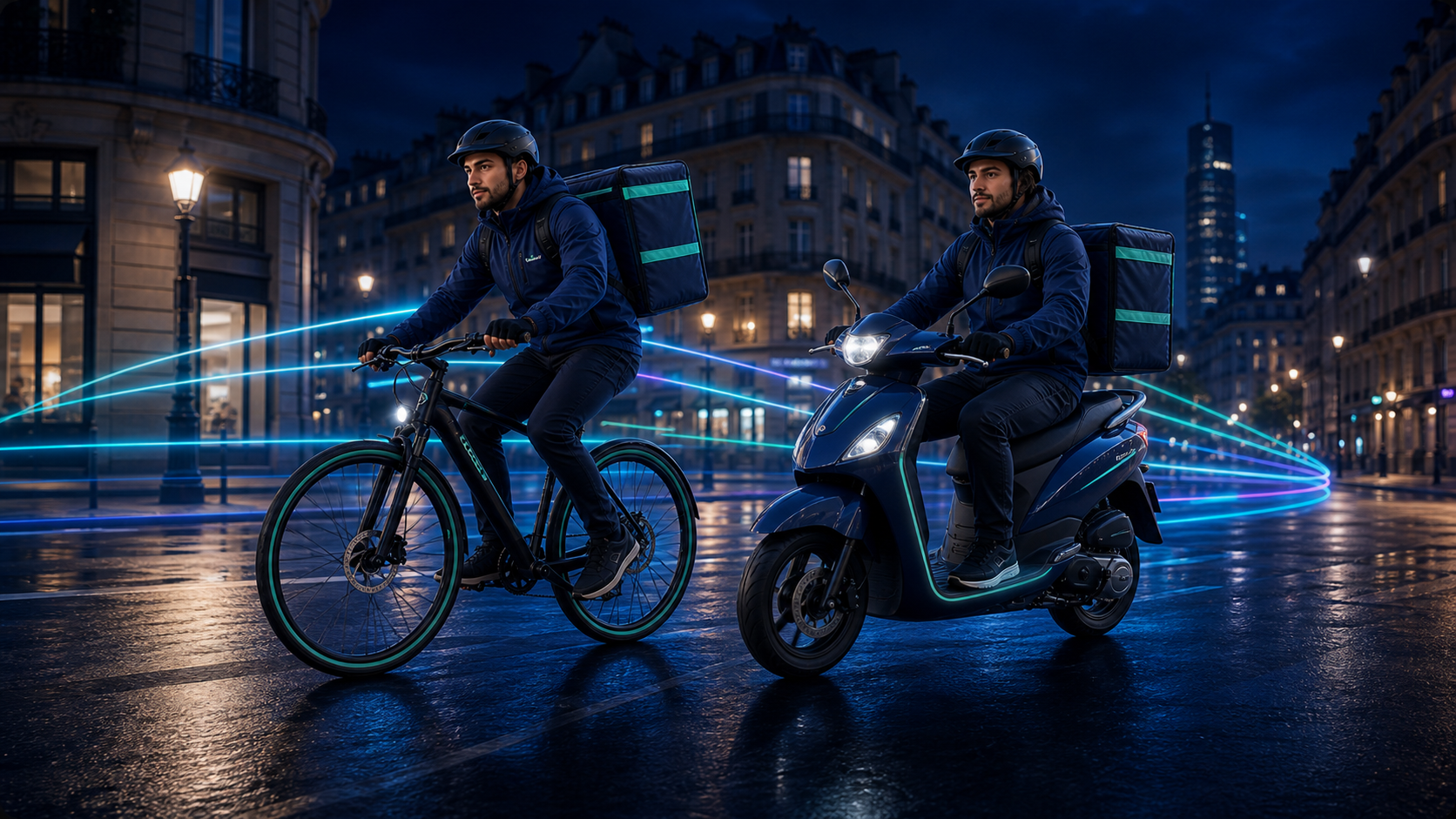 Livreurs Véloxi en tenue bleu nuit avec vélo et scooter